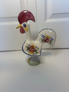 Hand Painted Portuguese Ceramic Rooster Figurine Floral Folk Art 9.5” Decor
